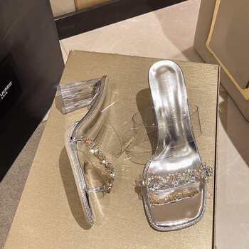 跟凉鞋女拖鞋中跟透明高跟鞋夏季网红百搭水晶跟一字凉拖鞋韩版银色36