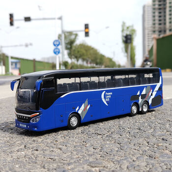 32大巴车公交带声音灯光回力长途汽车 宝思仑1/32机场bus 蓝色