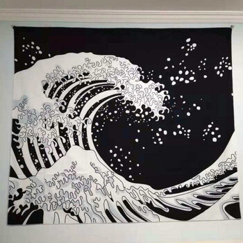 日式 黑底神奈川冲浪里浮世绘海浪挂布墙面背景装饰