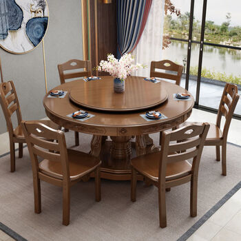 捷陆龙实木餐桌椅组合中式雕花大圆桌家用吃饭桌带转盘人餐厅圆形饭桌