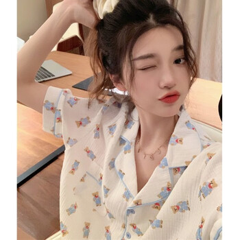 韩国可爱小熊纯棉纱布睡衣女夏季短袖短裤宽松家居服两件套装学生翻领