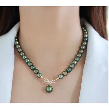 uhfr大溪地海水黑珍珠项链孔雀绿两用款蝴蝶18k锆石吊坠高档项链