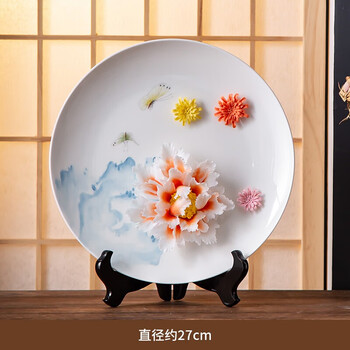 德化陶瓷手工手绘牡丹花挂盘艺术摆件客厅装饰工艺品乔迁新居礼品