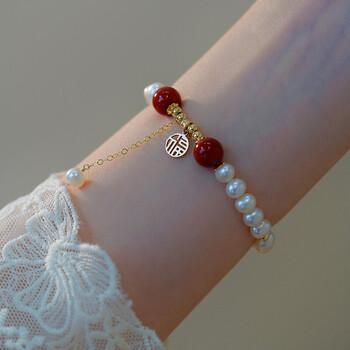 和田玉珍珠玛瑙14k包金手链中式复古小众感个性手饰品和田玉珍珠手链