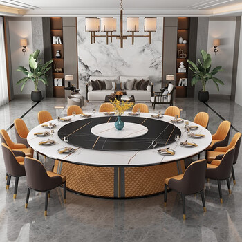 酒店餐桌椅轻奢岩板大圆桌饭店包厢火锅店电磁炉电动转盘圆形饭桌 3.