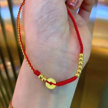 3d硬金足金小金珠999足金转运珠脚绳女本命年红绳首饰生日 转运珠脚链