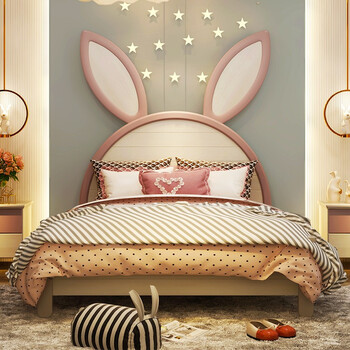 北欧简约实木儿童床兔子床女孩卡通单人床 儿童家具兔子耳朵女孩床