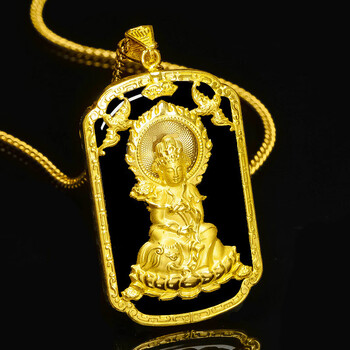 黄金普贤菩萨吊坠男士本命佛999足金普贤菩萨守护神和田墨玉 黄金和田