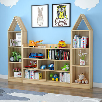 幼儿园书架绘本架落地多层玩具收纳架子早教培训中心儿童城堡书柜木色
