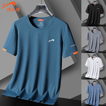 贵人鸟休闲弹力短袖t恤男冰感清凉降温时尚百搭运动logo印花上衣 湖蓝