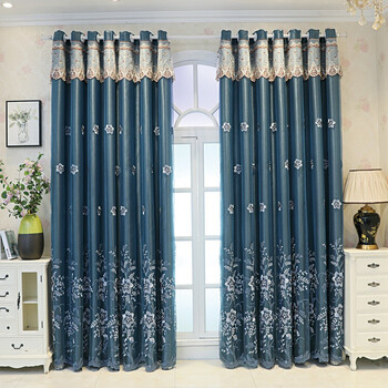 窗帘布双层纱帘一体遮阳帘成品宝蓝花卉纱挂钩加工20宽27高一片改短