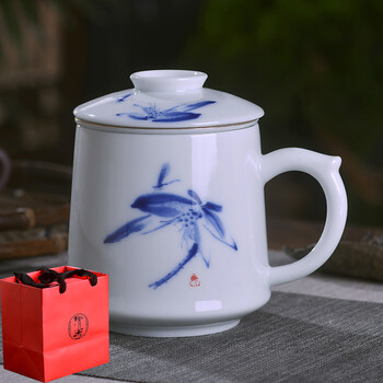 景烨景德镇陶瓷茶杯带盖茶水分离中式家用青花瓷泡茶杯办公杯礼品水杯