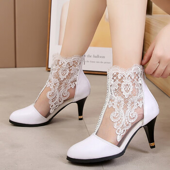 网纱靴镂空靴网靴高跟细跟时尚春夏短靴秋靴单靴白色新款女鞋 白色 38