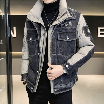 有漫牛仔羽绒服男士中长款冬季羽绒服休闲牛仔假两件羽绒衣服绿色m110