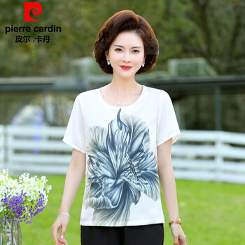 皮尔卡丹(pierre cardin)2024夏季新款短袖t恤女中年女士洋气印花款式