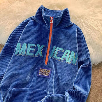 高品质男士卫衣春款国潮美式复古字母刺绣半拉链灯芯绒立领卫衣男女