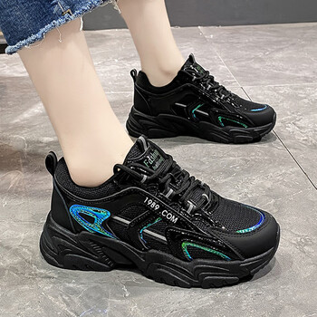 鞋女秋季新款女鞋黑色休闲运动鞋子女学生跑步鞋增高透气时尚黑绿35