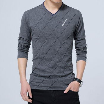 啄木鸟秋冬季男装加肥加大码长袖t恤男v领宽松小衫秋衣青年胖人衣服