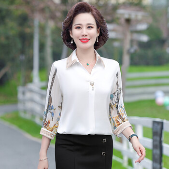 中年人穿的夏天的长袖衣服女装妈妈套装50岁女上衣新款中老年女夏装