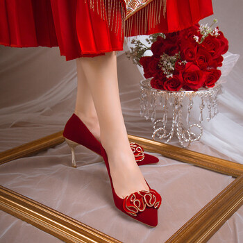 结婚鞋子女中式新娘鞋2023年夏季新款小众红色尖头高跟鞋酒红6cm36
