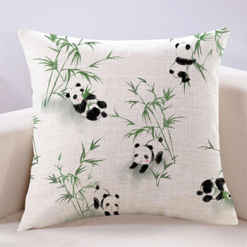 万燊国风水墨熊猫抱枕沙发卧室床上靠垫套亚麻车载靠腰枕书房餐椅靠背