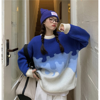 休闲小众甜美风撞色长针织毛衣女装秋冬季新款宽松显瘦蓝色毛衣款均码