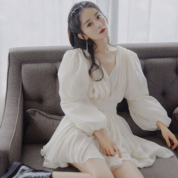 绿野客赵丽颖同款衣服赵丽颖同款法式轻奢褶皱白色v领泡泡袖气质