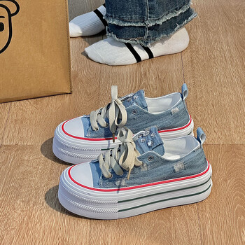 谷伊萱复古牛仔布低帮帆布鞋女秋季2024年新款时尚透气厚底增高休闲