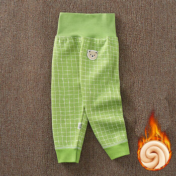 婴儿加绒护肚裤男女儿童保暖秋裤冬季打底裤 加绒方格绿色【高腰裤】