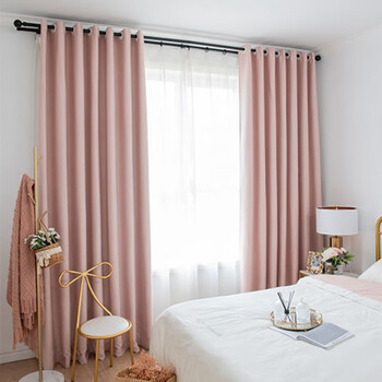 北欧简约现代挂钩免打孔成品窗帘双面麻藕粉色挂钩款25宽27高一片改短