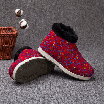 冬季手工棉鞋老人花棉鞋女加厚绒妈妈保暖棉鞋包跟室内防滑棉拖鞋wcx