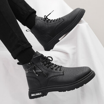 西域骆驼vancamel2023新款秋季马丁靴男黑色侧拉链高帮皮靴防水英伦风