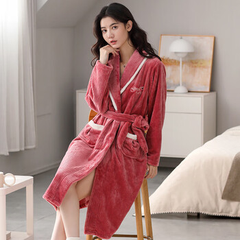 抒柔睡衣女 秋冬季加厚法兰绒女士睡袍 加长款浴衣女浴袍中老年高品质