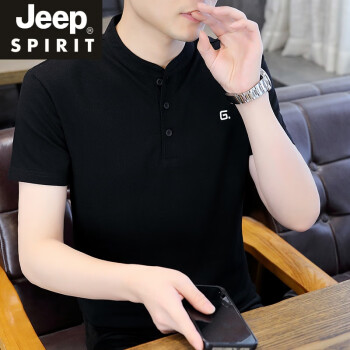 吉普（JEEP）男士短袖T恤2024夏季新款修身潮流小立领Polo.衫半袖体恤冰感上衣 9327黑色 M (85-105斤)