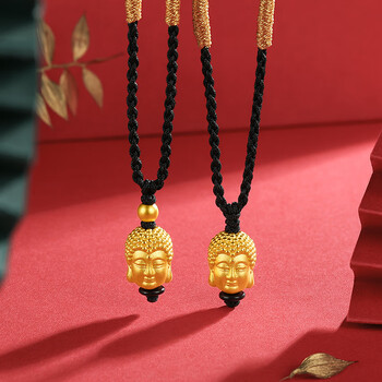 百年凤祥999佛头吊坠女转运珠弥勒佛黑绳项链编织小挂坠 单个双面佛头