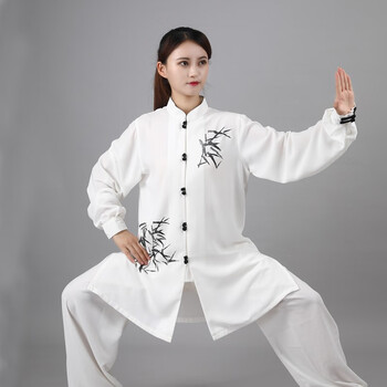 男女武术服珍珠弹力棉武术太极拳比赛表演运动服装 白色珍珠弹力竹叶j