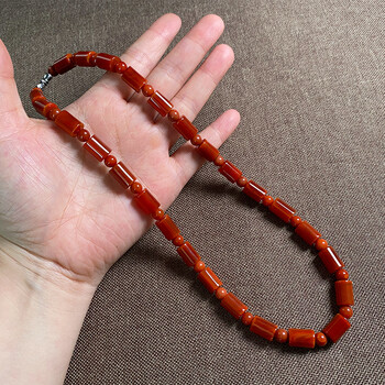 全意琳南红玛瑙桶珠项链女士款柿子红圆珠颈饰简约时尚玉石项链百搭款