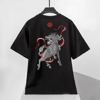 花犯tfq中国风麒麟图案重工刺绣短袖t恤男宽松绣花国潮设计感体恤黑色