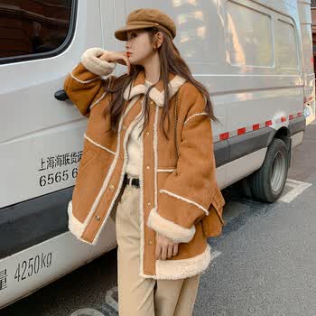 有棠皮毛一体羊羔毛外套女冬季小个子今年流行炸街机车服棉衣卡其色