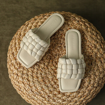 百丽踏春季棉花糖方头编织拖鞋女夏外穿平底凉拖鞋女夏季夏季新款米