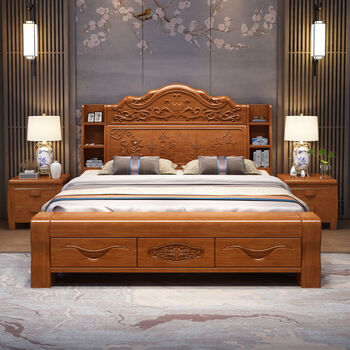 水曲柳实木床全实木雕花大床中式仿古1点8米双人明清古典抽屉储物婚床