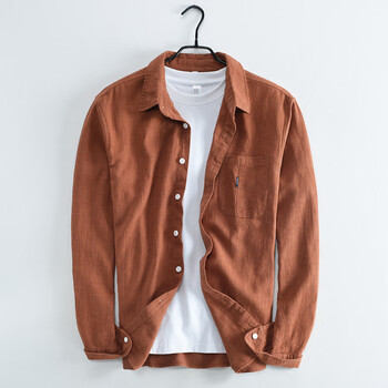 墨森尼苎麻长袖衬衫男款夏季宽松透气衬衣休闲百搭方领新款上衣男焦糖