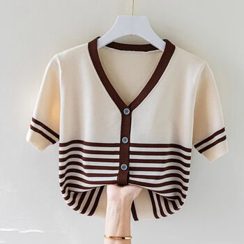 珍妮羊宽松显瘦v领套头冰丝条纹短袖t恤女夏季撞色薄款上衣 咖色 s