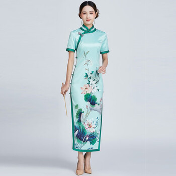 戎诺旗袍长款民国风夏季新款宴会礼服改良时尚复古优雅真丝旗袍浅绿色