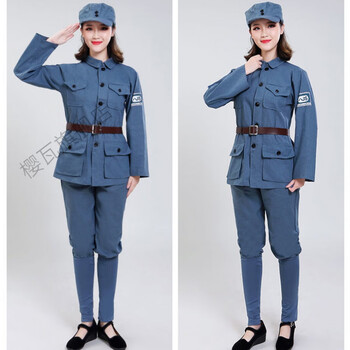 樱瓦 棉麻红军演出服八路军大人长征抗战老服装男女成人表演服衣服 蓝