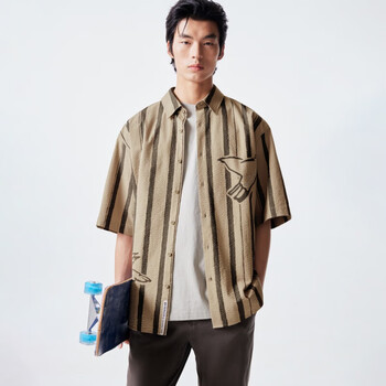jackjones夏季新款男士印花刺绣个性时尚字母条纹满印短袖衬衫男装e11