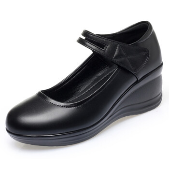 fgacct坡跟皮鞋女真牛皮单鞋新款春秋季圆头防水台厚底女鞋妈妈鞋黑色