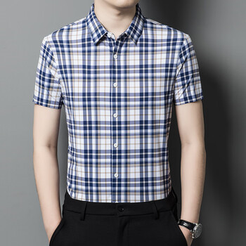 九牧王正品短袖格子衬衫男中年商务休闲百搭抗皱锦氨无痕衬衣 咖格