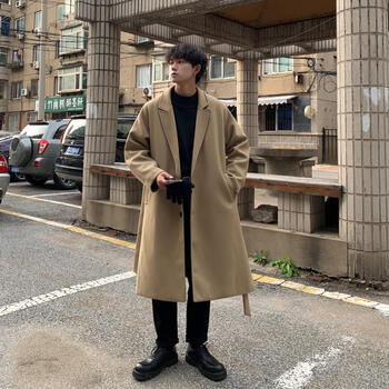 大衣男中长款克苏鲁文职秋冬季加厚英伦雅痞风衣潮牌外套卡其色加棉m