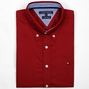 qkikq美国高端品牌汤米纯棉衬衫男装长袖商务休闲酒红色m